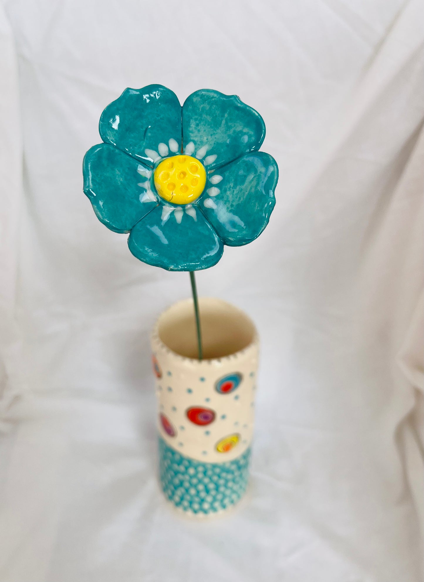 Ceramic 5 Petal Poppy Style Flower in Turquoise Blue